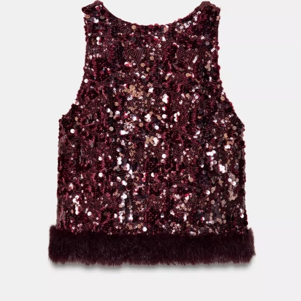 Zara Burgundy Sequin Tank with Faux Fur Hem